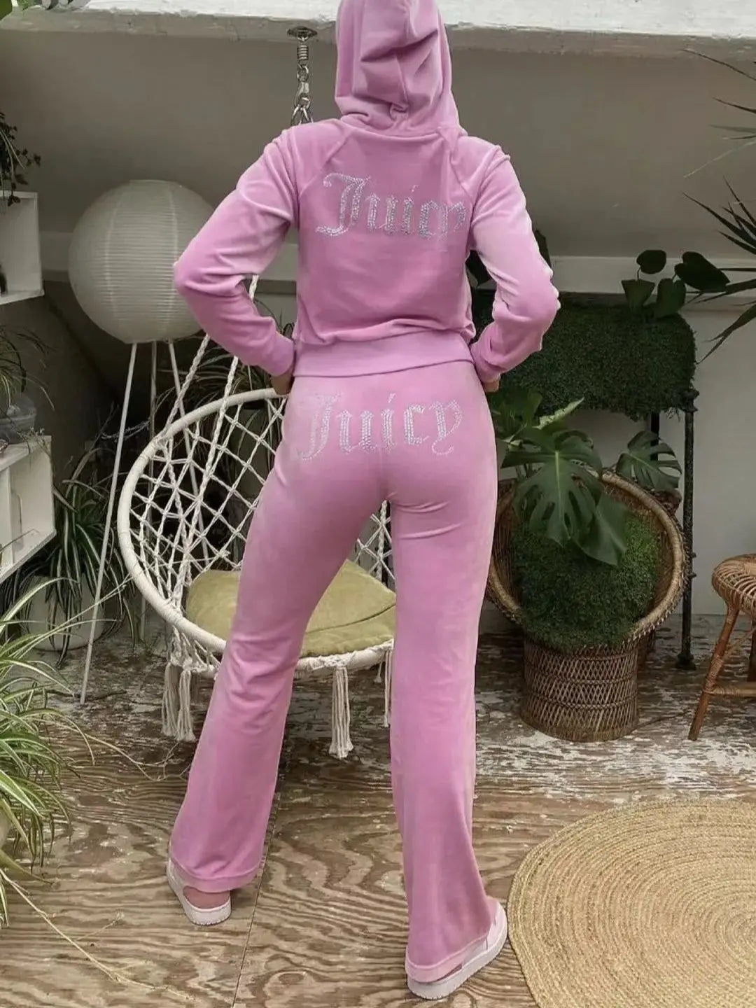 2pcWomen's hoodie, pants, and diamond studded two-piece set