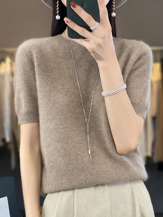 100% pure wool T-shirt spring and summer new women's O-neck pullover short sleeve loose five-sleeve sweater high-end top