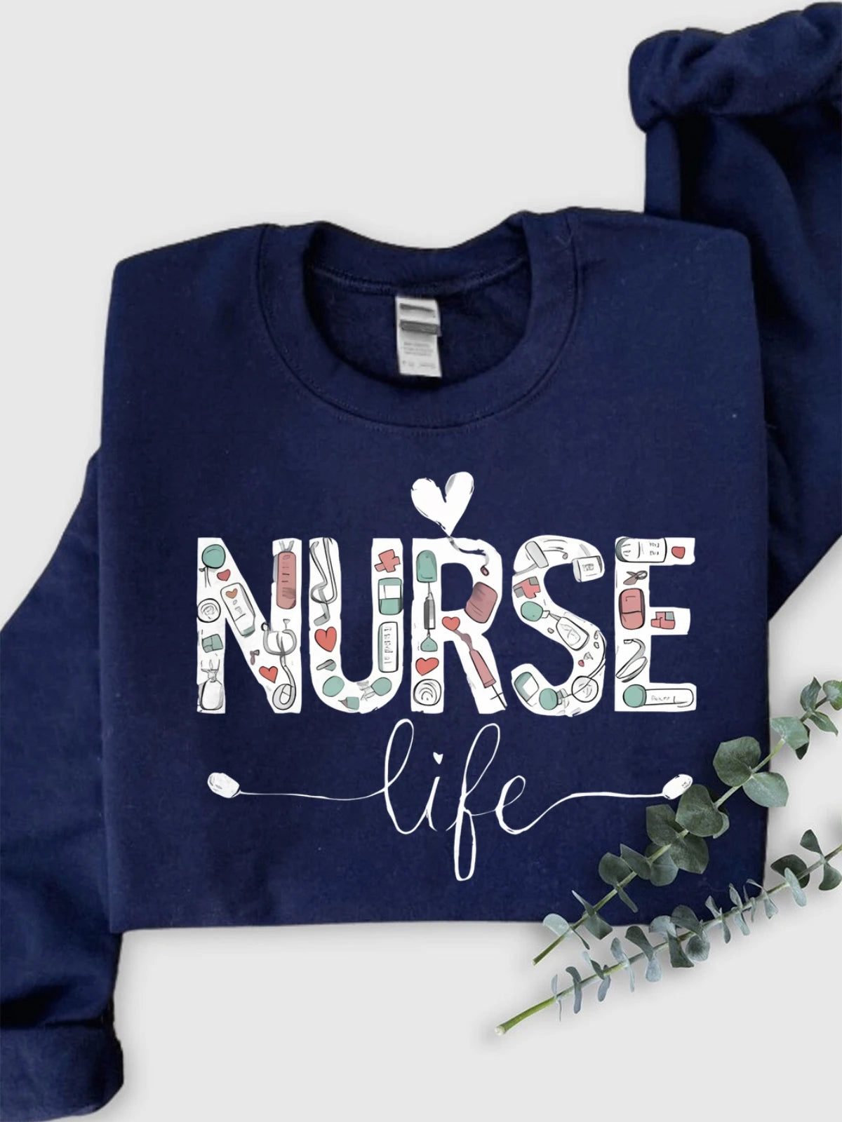 Fall Winter Plus Size Cotton Crew Neck Sweatshirt Women Nurse Life Print Oversized Hoodie Crew Neck Long Sleeved Casual Tops