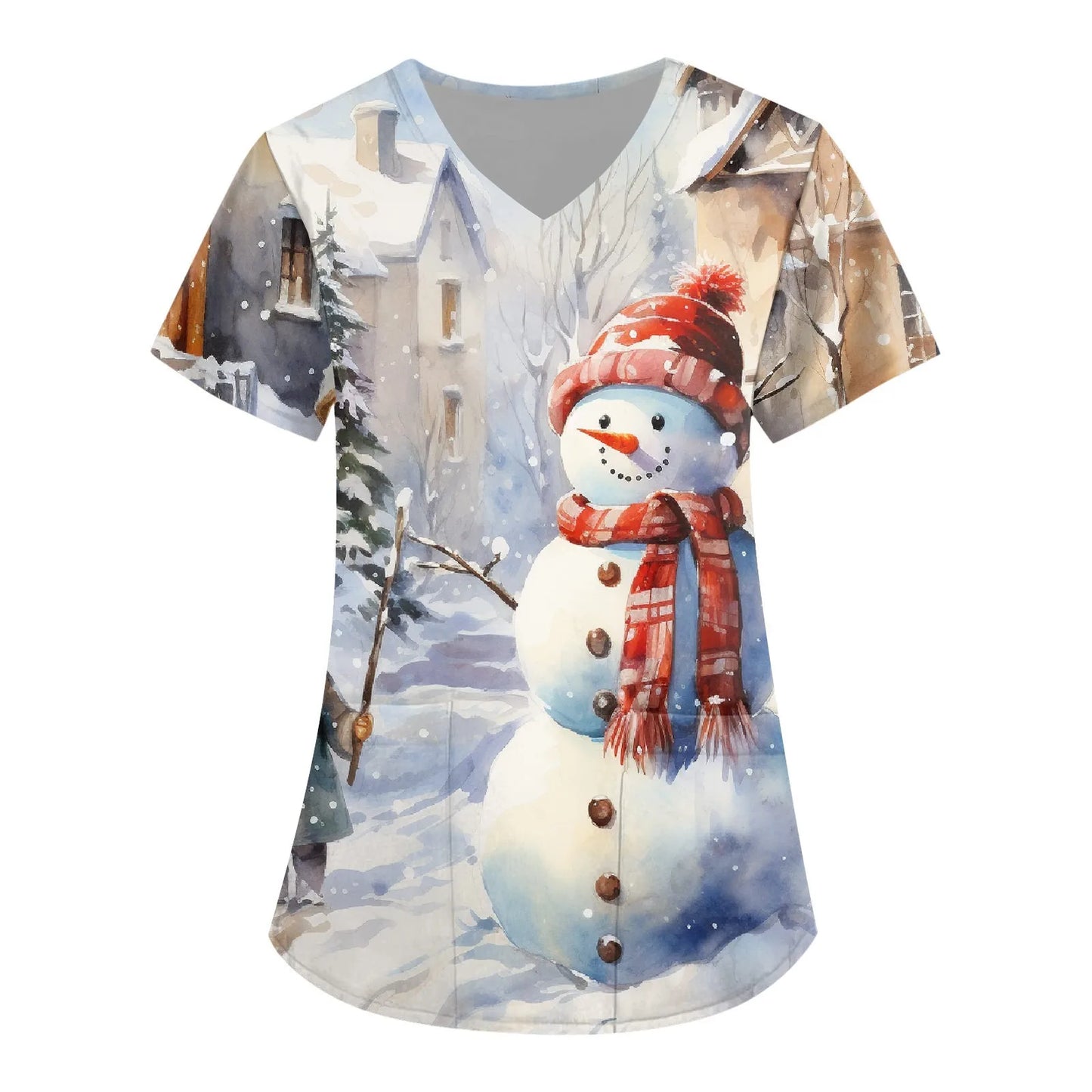 Women Scrub Nurse Uniform Casual Short Sleeve V Neck Christmas Printed Workers T-Shirt Tops Pockets Clinic Pharmacy Workwear