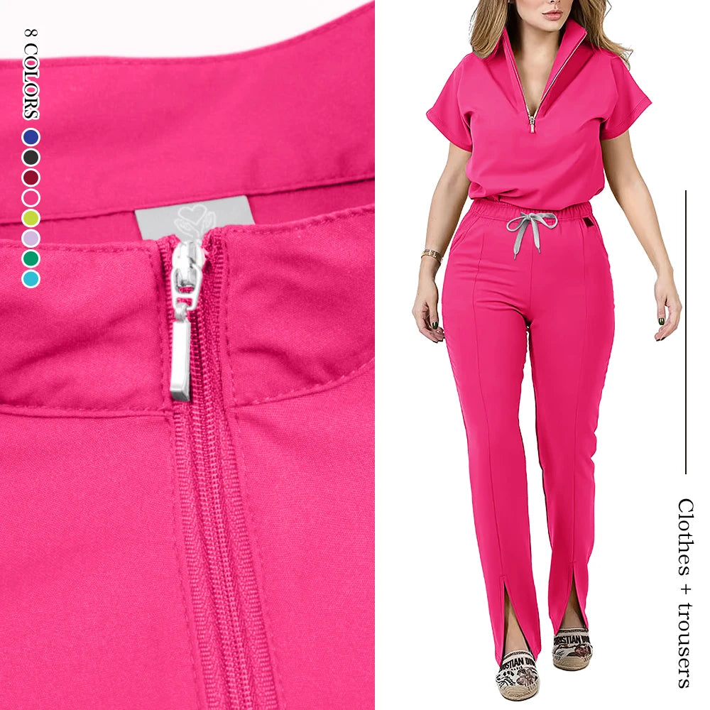 Wholesale Medical Apparel Scrub Set Uniform Women Summer Zipper Scrub Top Pants Hospital Clothing Surgical Uniforms with Pocket