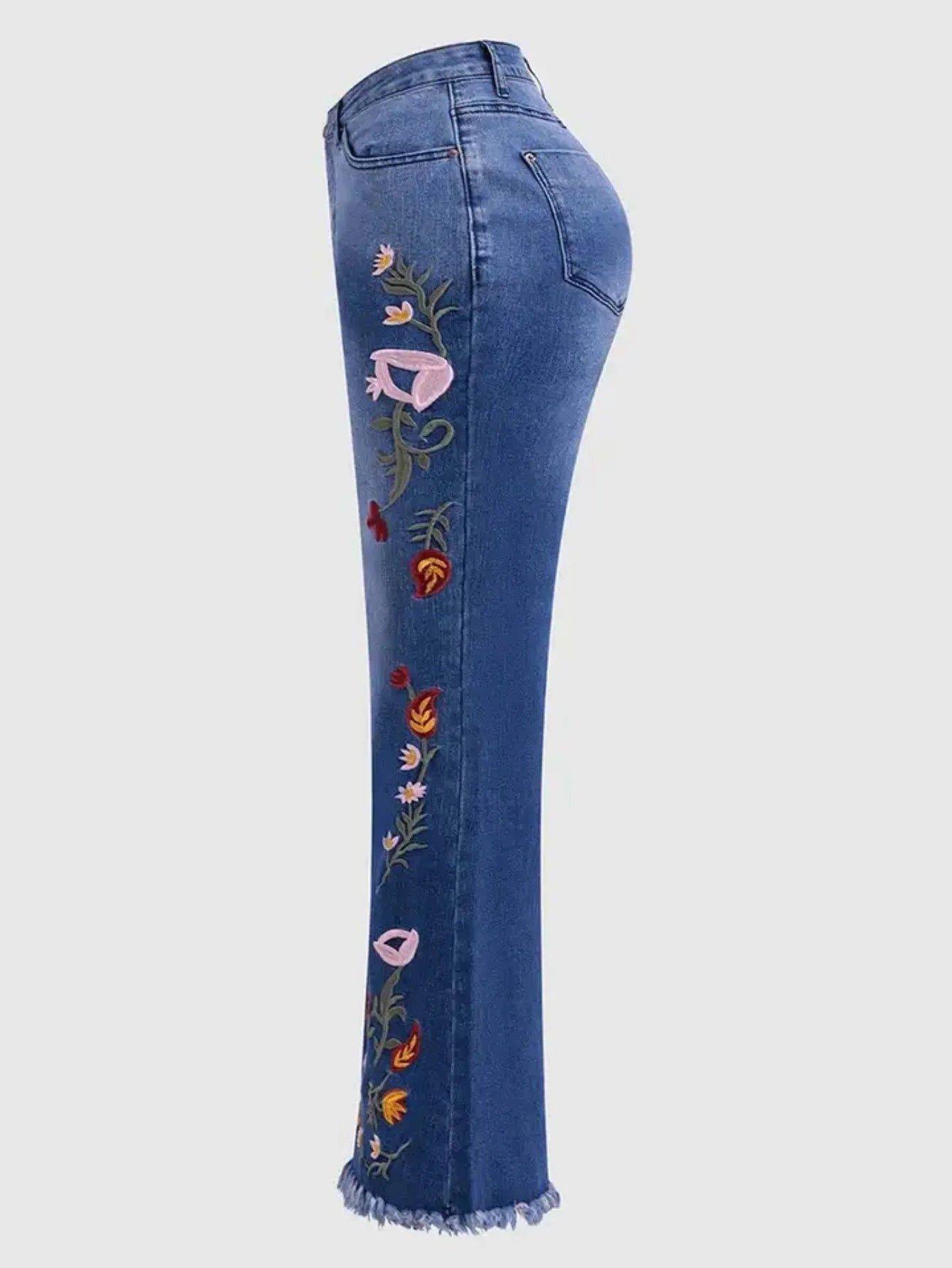 Women's High-Waisted Stretch Floral-Print Slim Fit Denim Flare Pants, with Raw-Edge Hem and Vintage Washed Denim