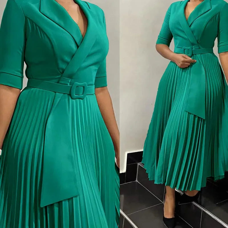 Elegant Office Dresses Pleated for Woman Half Sleeve Belt Waisted Professional Business
