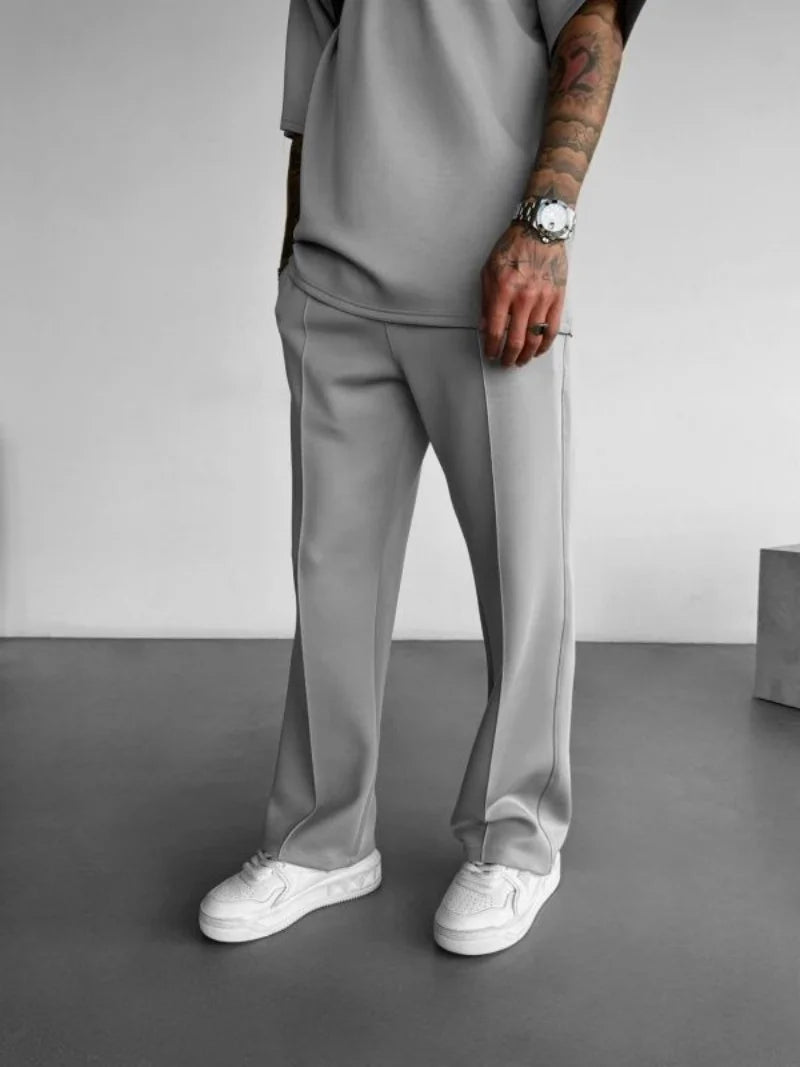 New men's casual pants, stylish and comfortable elastic waist drawstring single-line pleated solid color pocket pants