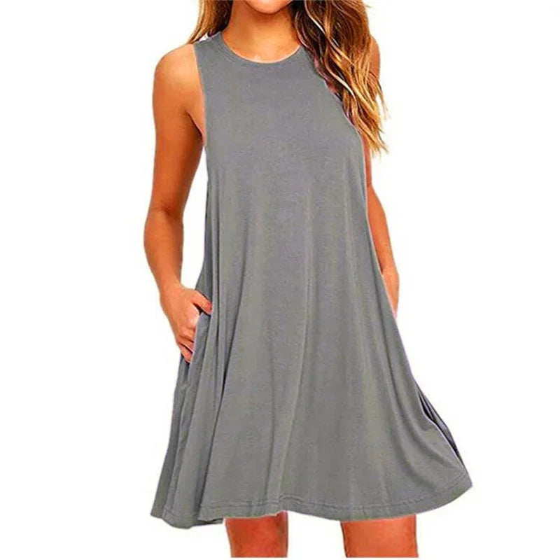 Women's Dress Summer Casual T Shirt Dresses Beach Cover Pleated Tank Pockets Dress