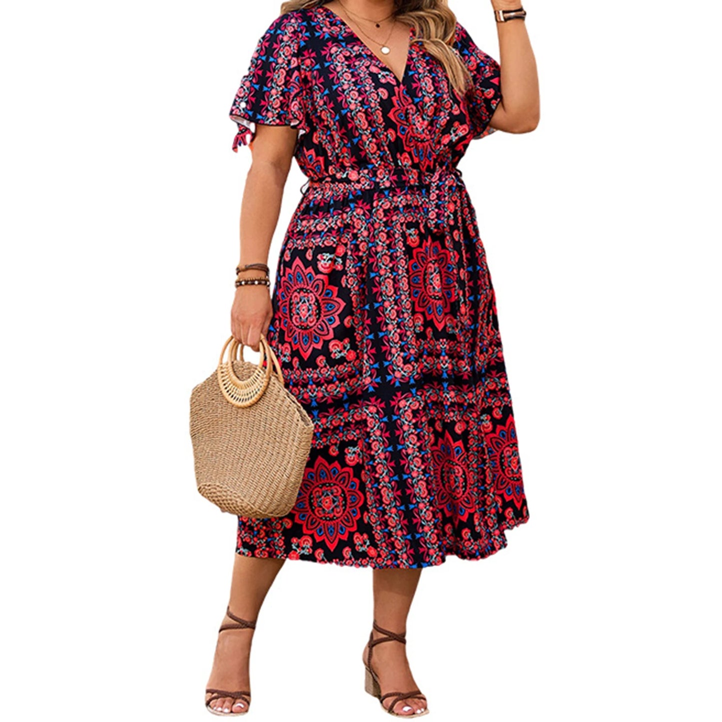 Womens Floral Print V Neck Short Sleeve Midi Dress with Slit