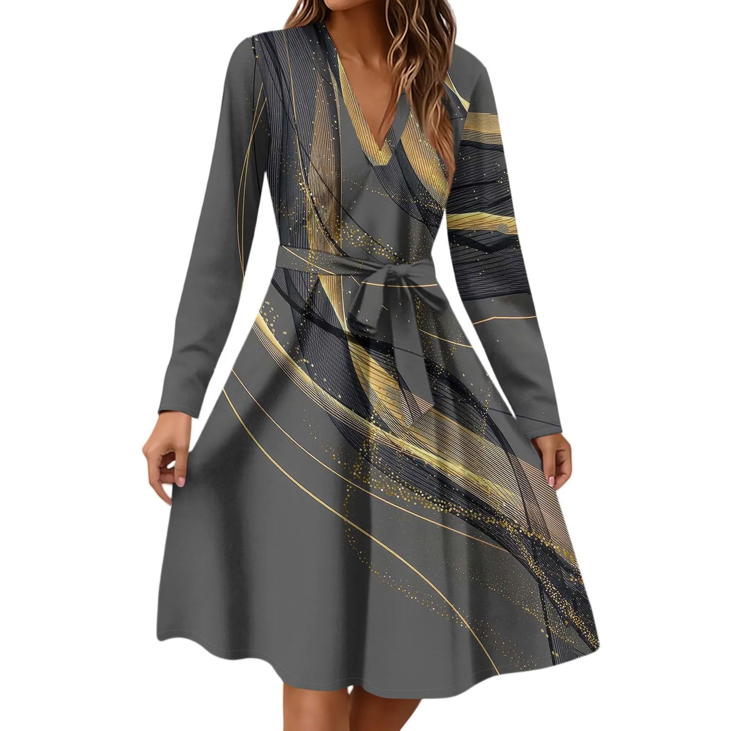 Women'S Fashion Casual V-Neck Long Sleeve Waist Floral Print Midi Dress