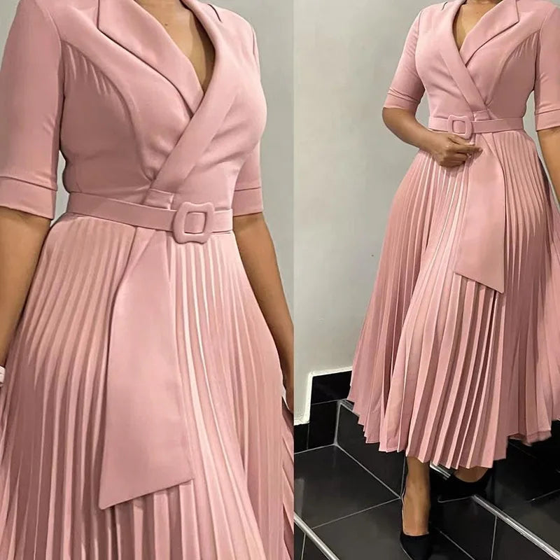 Elegant Office Dresses Pleated for Woman Half Sleeve Belt Waisted Professional Business
