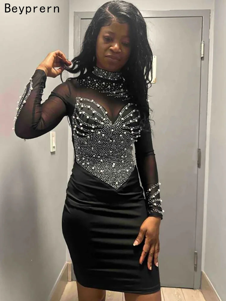 Women's Black Mesh Bust Pearls Rhinestone Decor Mini Dress See Through Crystal Party Short Dress