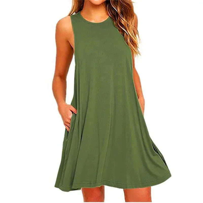 Women's Dress Summer Casual T Shirt Dresses Beach Cover Pleated Tank Pockets Dress