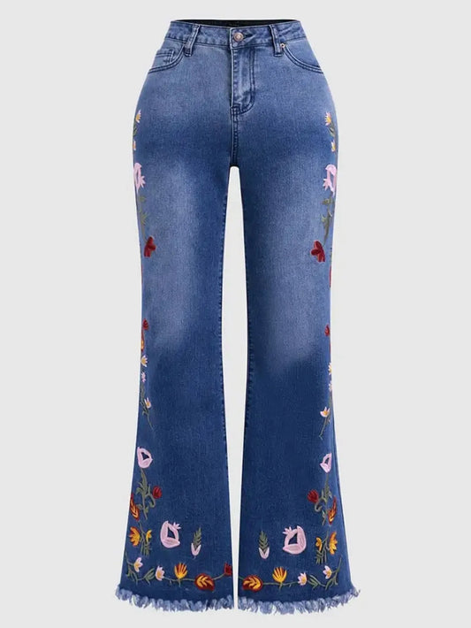 Women's High-Waisted Stretch Floral-Print Slim Fit Denim Flare Pants, with Raw-Edge Hem and Vintage Washed Denim
