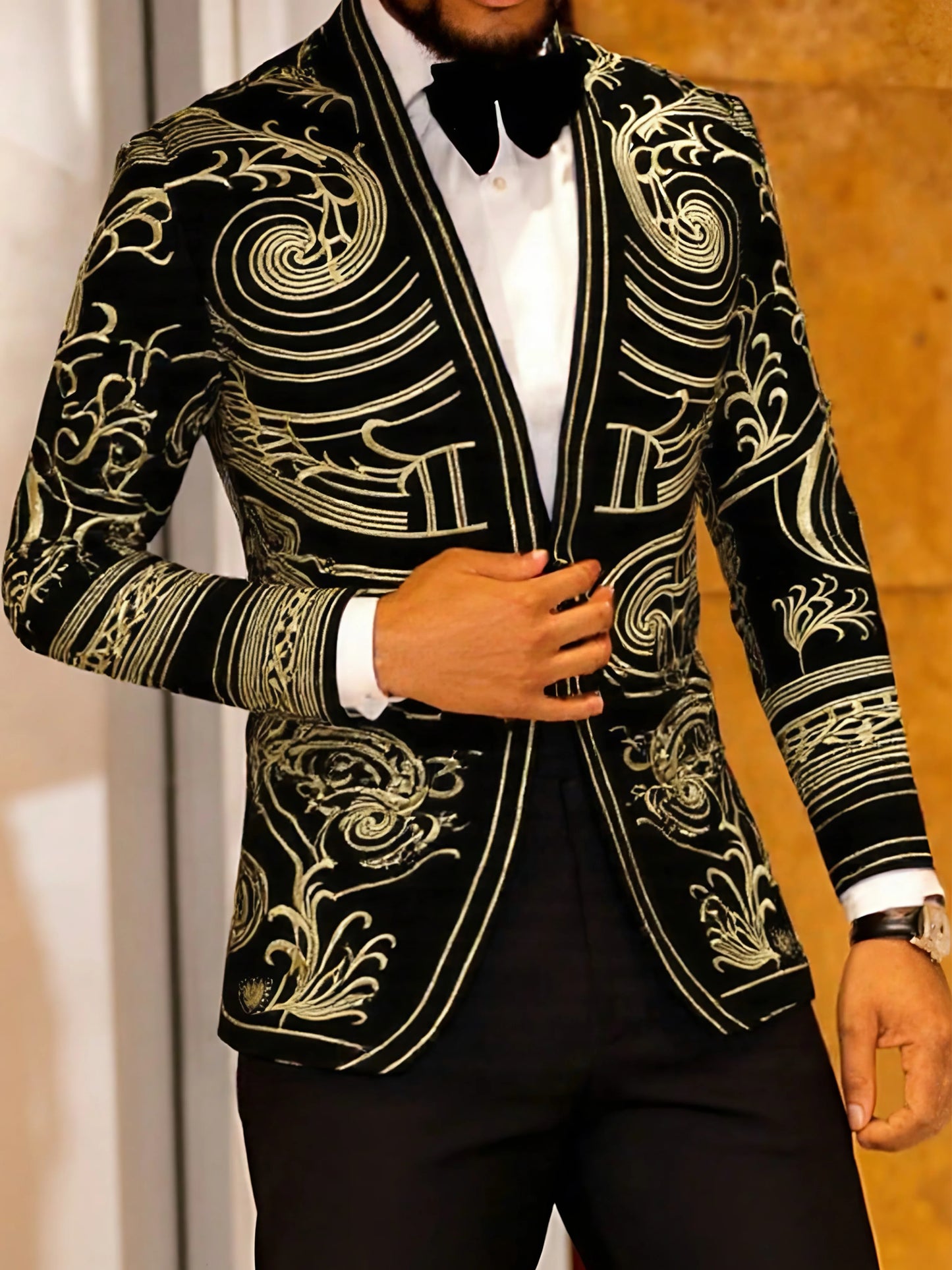 Men's Standing Collar Velvet Knot Embroidery Court Blazer Slim Fit Suit Jacket Peak Lapel for Party Wedding Banquet Prom