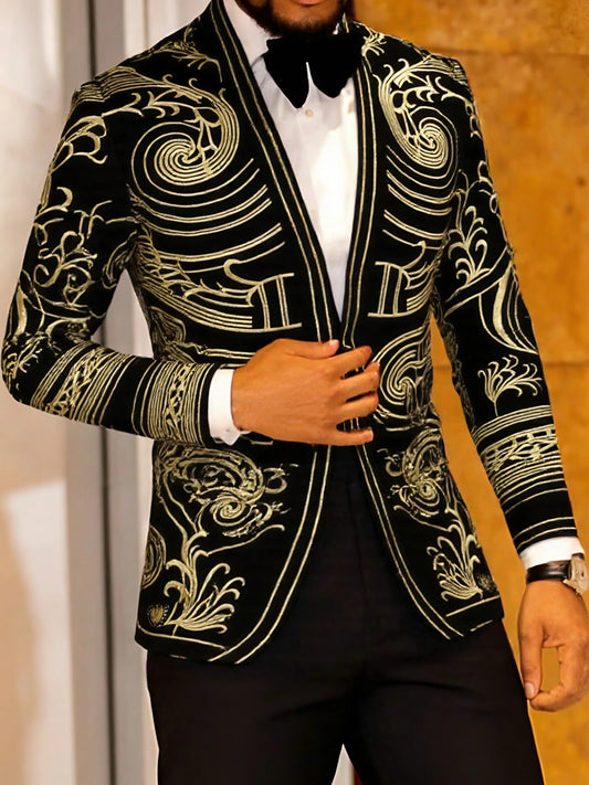 Men's Standing Collar Velvet Knot Embroidery Court Blazer Slim Fit Suit Jacket Peak Lapel for Party Wedding Banquet Prom