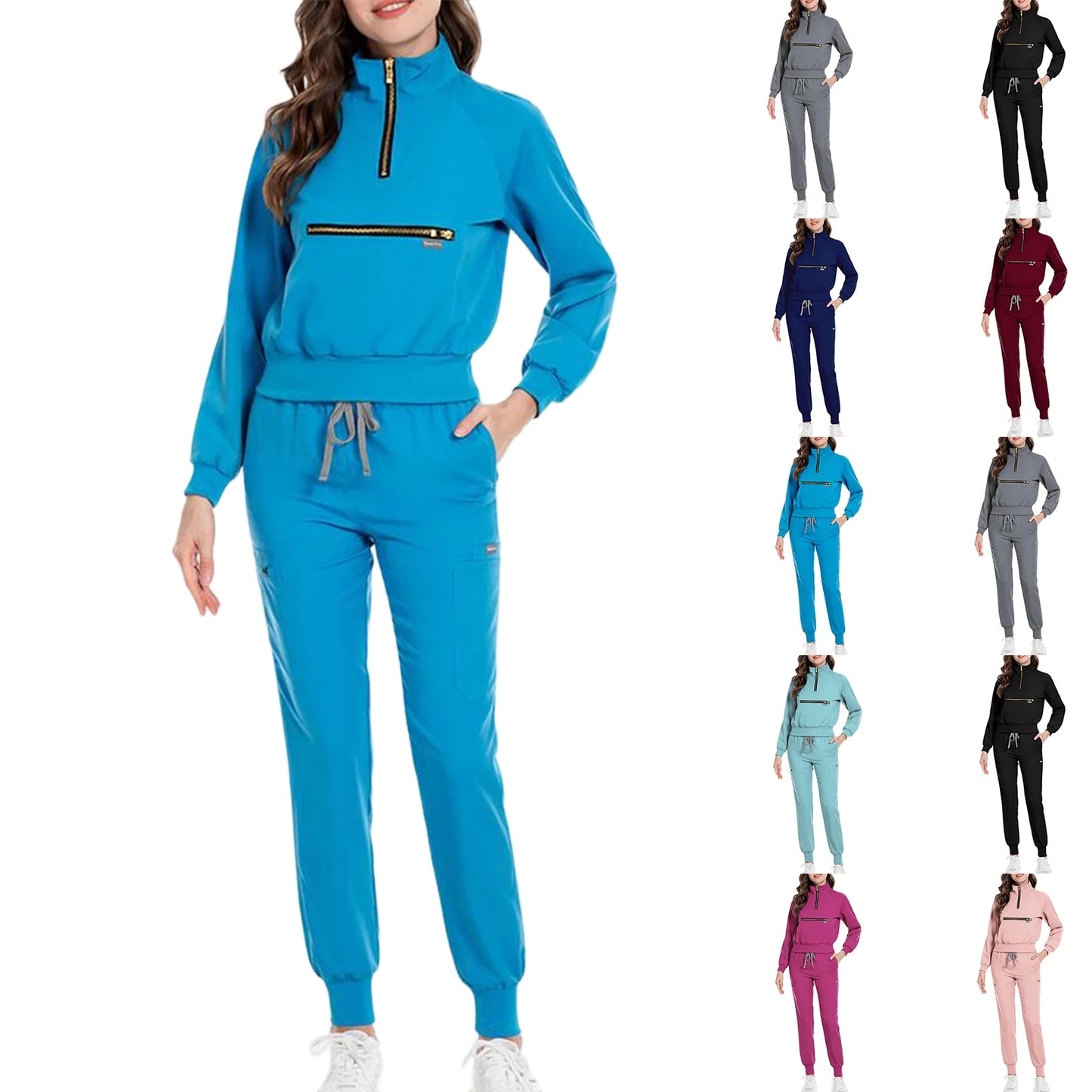 Women Nurse Scrub Set Stand Collar Half Zipper Long Sleeve Multi-Color Drawstring Pants Multi-Pocket Cozy Professional Workwear