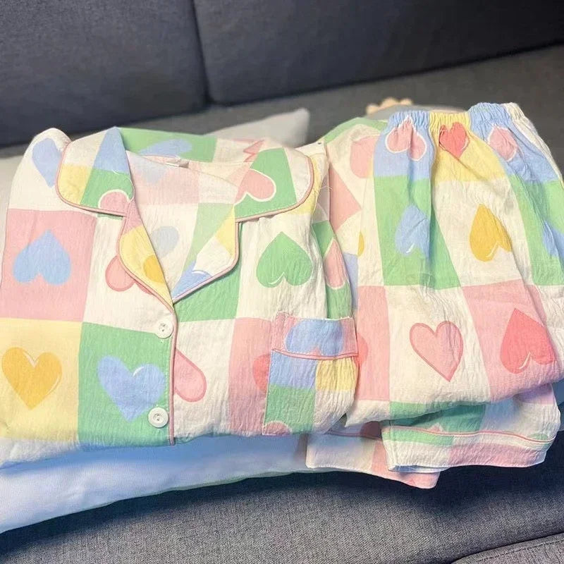 Colourful Love Plaid Print Women's Pajamas  Sweet Cute Sleepwear Women's New Spring Kawaii 2 Piece Pajamas Set