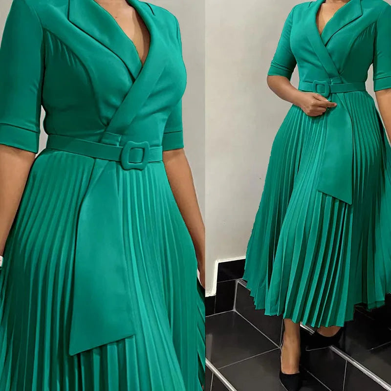 Elegant Office Dresses Pleated for Woman  Half Sleeve Belt Waisted Professional  Business