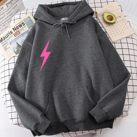 Pink Lightning Hoodie Sweatshirt Print Casual Loose Long Sleeved Cool Streetwear Stylish Comfortable Tops Cloth