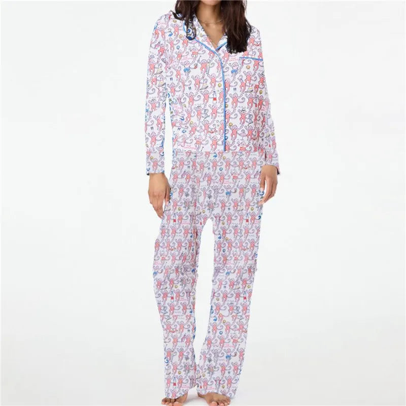 Roller Rabbit Monkey Pajamas Preppy Pjs Cute Pj Pants Sets For Women Long Sleeve Pajamas Set 2 Piece Loungewear