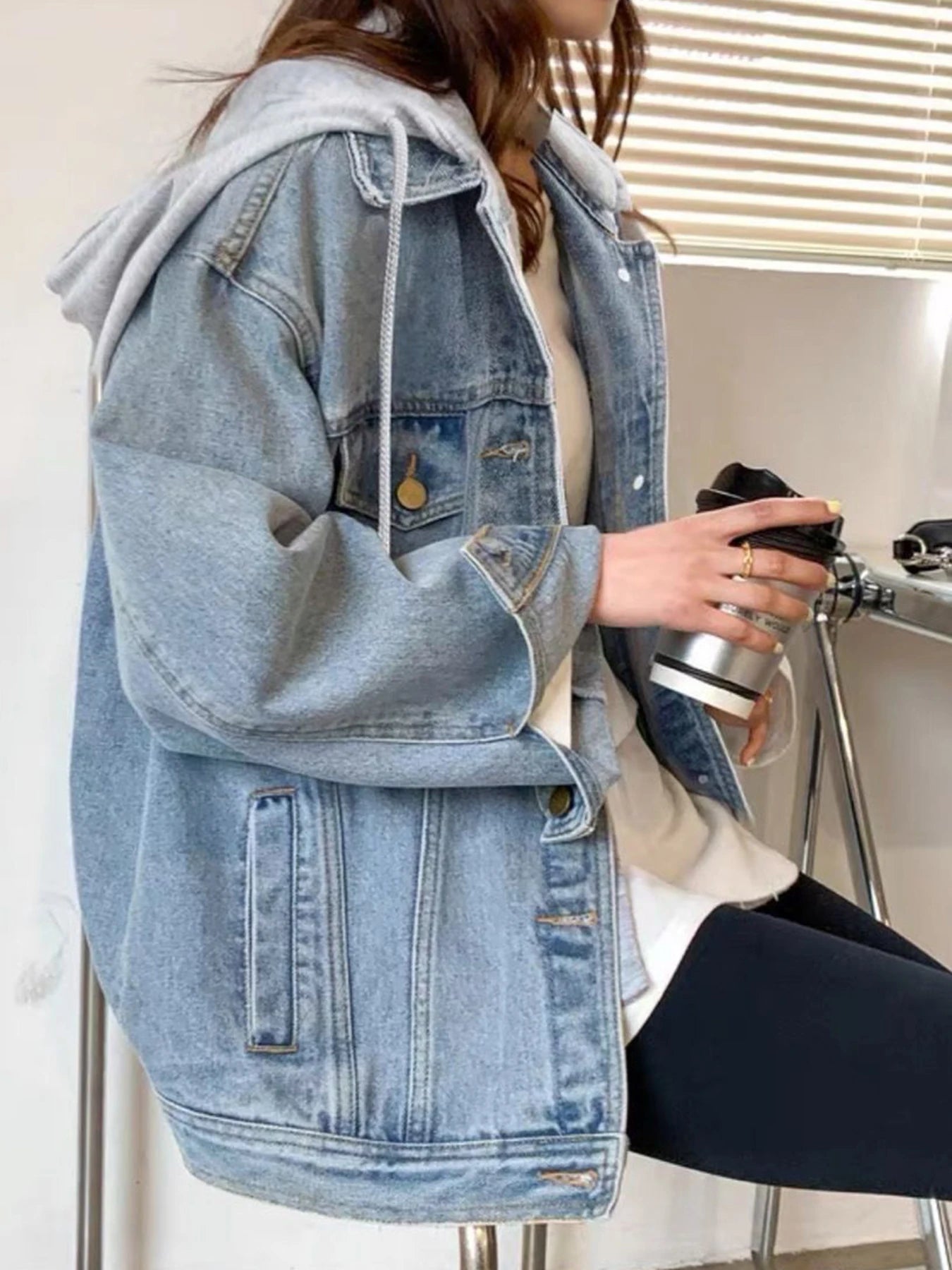 Women's New Loose Casual Denim Hoodie, Long Sleeved Short Flip Pocket Denim Jacket,