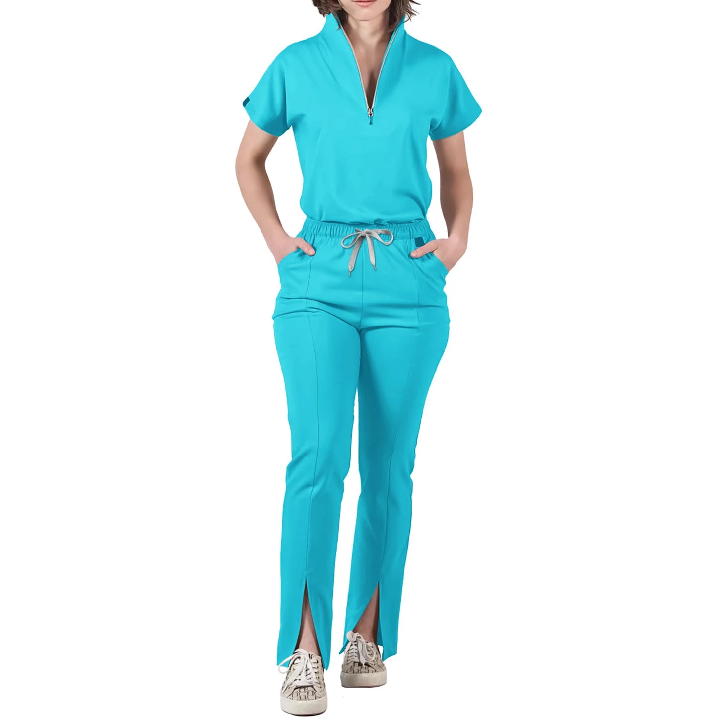 Women's Nurse Scrub Set V-Neck Half Zipper Short Sleeve Multi-Color Split Hem Pants Multi-Pocket Cozy Professional Workwear