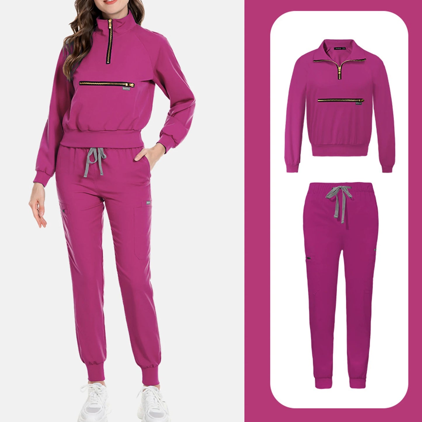 Women Nurse Scrub Set Stand Collar Half Zipper Long Sleeve Multi-Color Drawstring Pants Multi-Pocket Cozy Professional Workwear