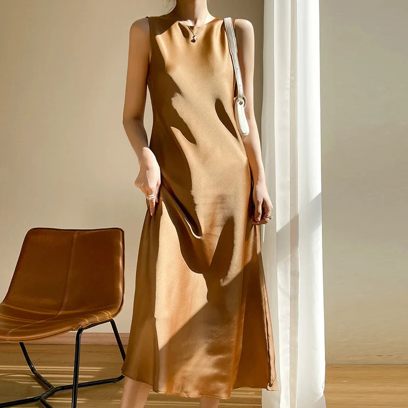 Off Shoulder High Waist Woman's Long Dress Silk Satin A-line Midi Dress O-neck Sleeveless Evening Dresses