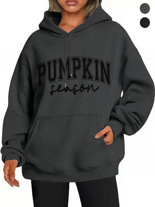 Pumpkin Season  Women’s Loose Fit Black Gray Hoodies Soft Cotton for  Fall/Winter Sports Relaxation