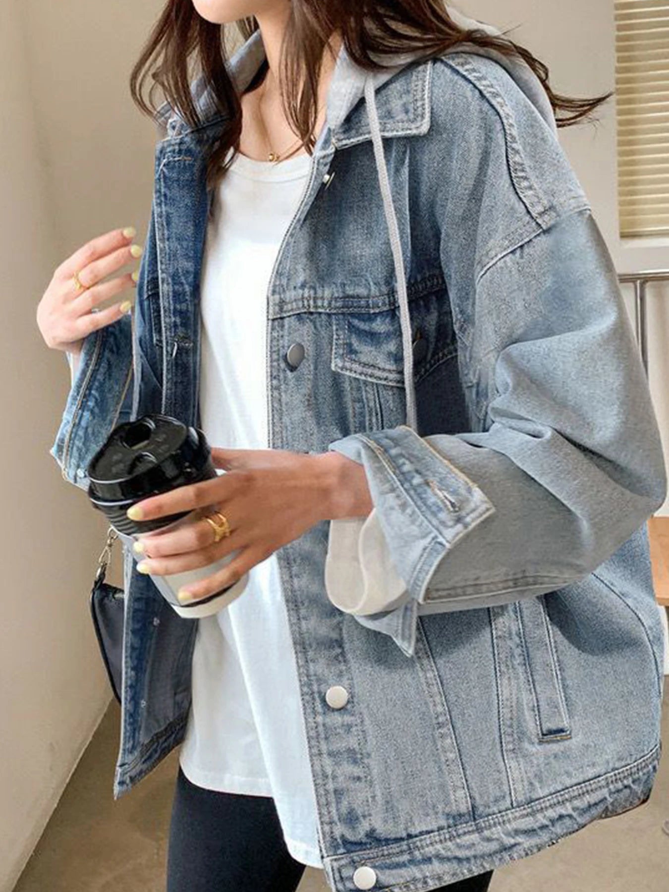 Women's New Loose Casual Denim Hoodie, Long Sleeved Short Flip Pocket Denim Jacket,