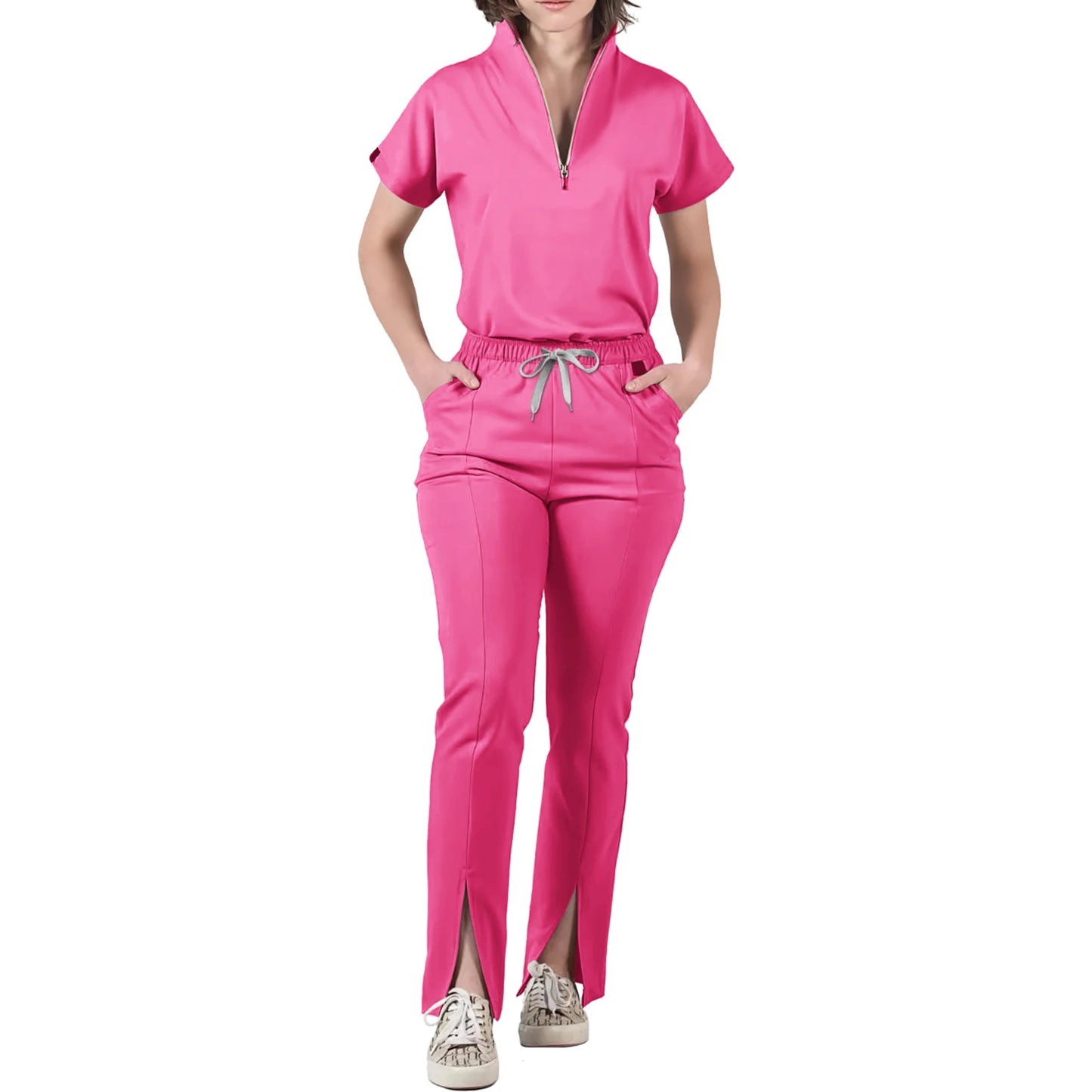 Women's Nurse Scrub Set V-Neck Half Zipper Short Sleeve Multi-Color Split Hem Pants Multi-Pocket Cozy Professional Workwear