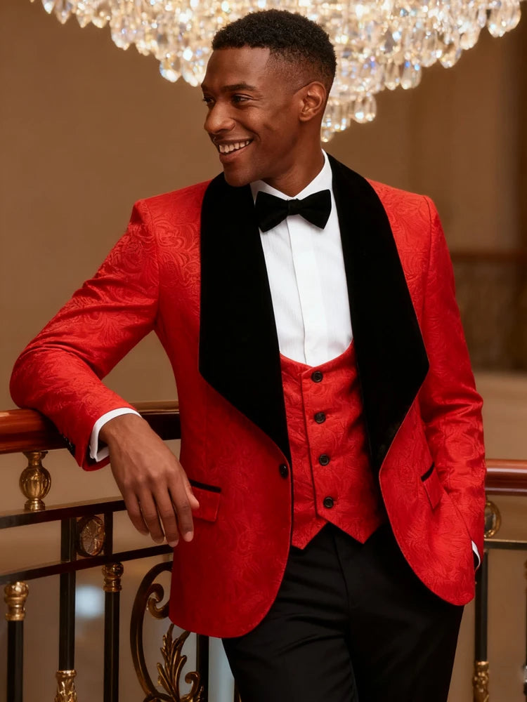 Men's three-piece floral jacquard slim-fitting suit set, including paisley pattern suit jacket, vest, and pants, suitable