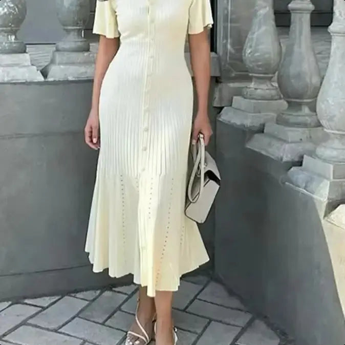 Knit Solid Women's Dress Short Sleeve O Neck Lady Dresses 2025 Elegant Summer Single Breasted Hip Package High Waist Female