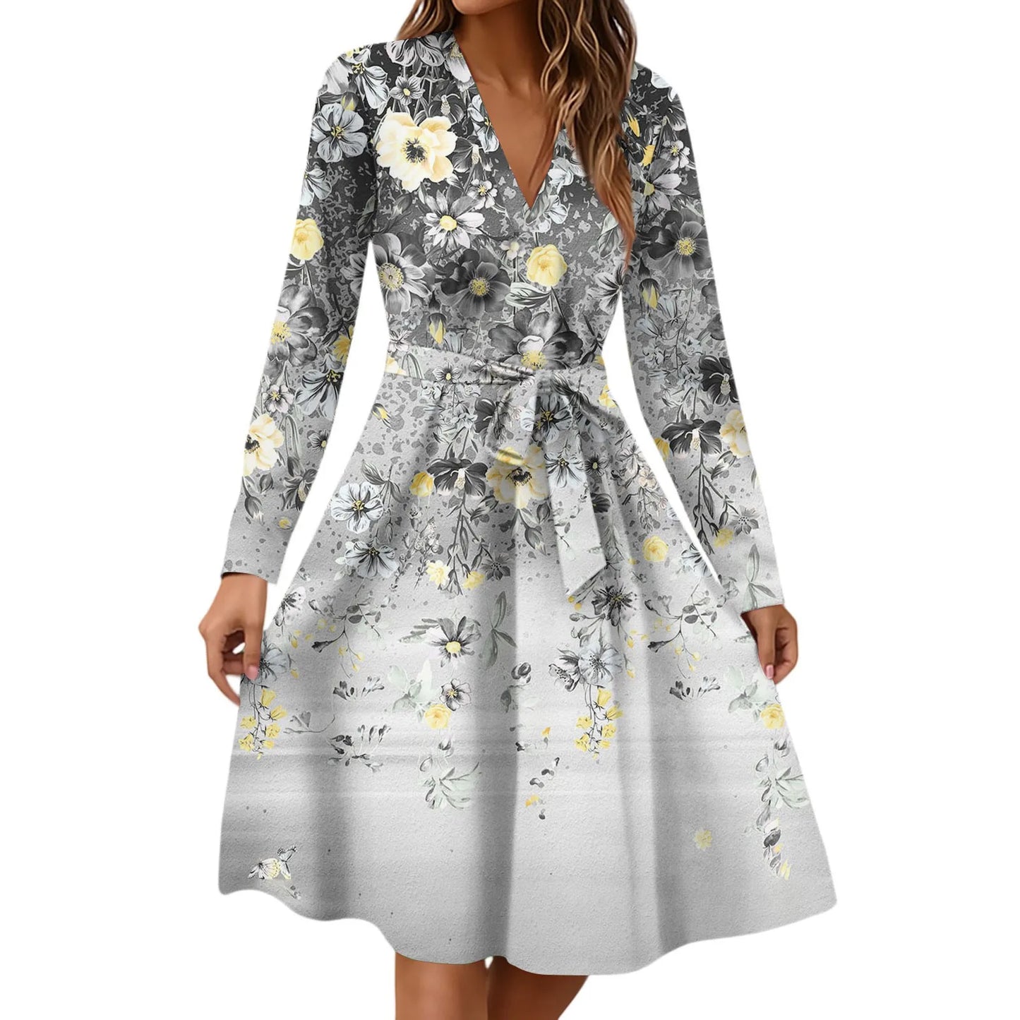 Women'S Fashion Casual V-Neck Long Sleeve Waist Floral Print Midi Dress