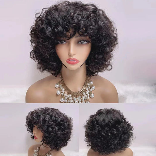 Brazilian Egg Curl Pixie Cut Wig Human Hair With Bangs Water Wave Short Bob Wig For Women Preplucked