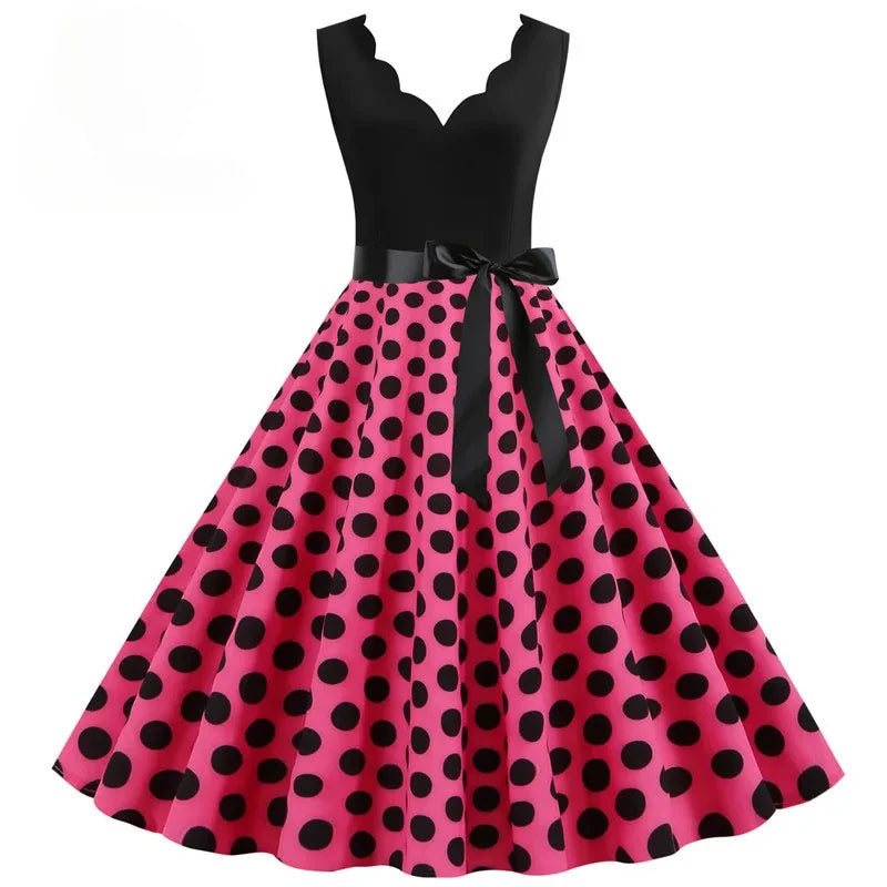 Women Retro Summer Dresses 50s 60s Sleeveless V-neck Polka Dot Bow Ball Grown Party Sundress Robe Vestidos