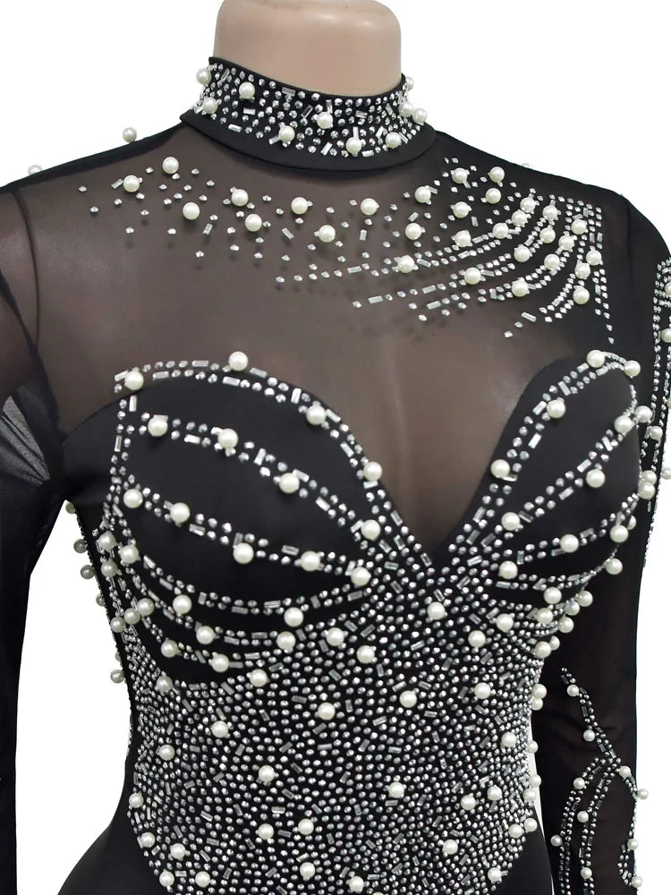 Women's Black Mesh Bust Pearls Rhinestone Decor Mini Dress  See Through Crystal Party Short Dress