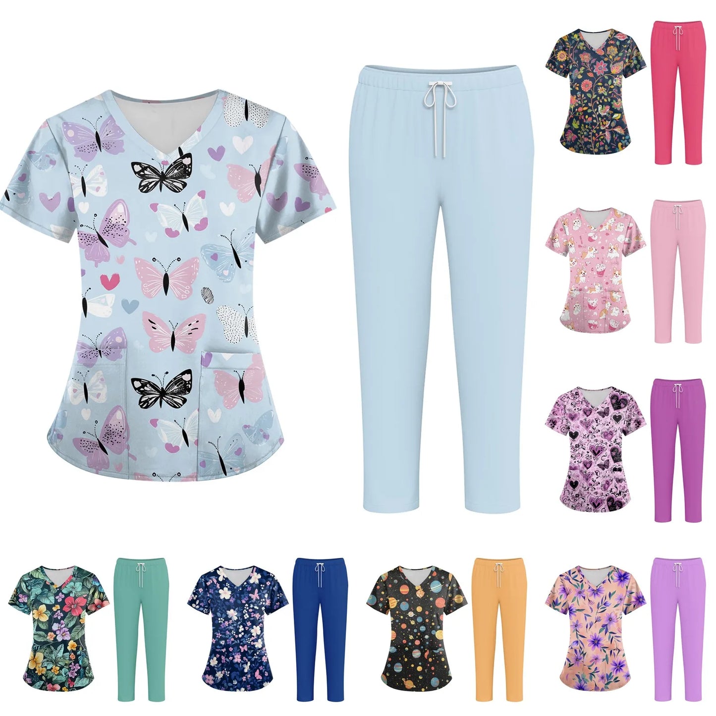 Women'S Nurse Uniform Suit Short-Sleeved Animal Floral Print Pocket Top And Pants Work Clothes Nursing Uniform Two-Piece Suit