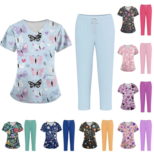Women'S Nurse Uniform Suit Short-Sleeved Animal Floral Print Pocket Top And Pants Work Clothes Nursing Uniform Two-Piece Suit