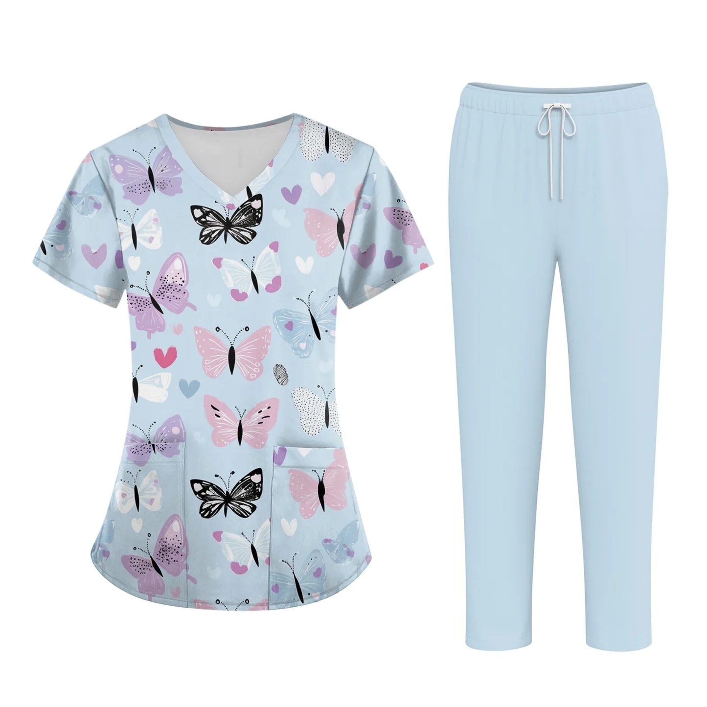 Women'S Nurse Uniform Suit Short-Sleeved Animal Floral Print Pocket Top And Pants Work Clothes Nursing Uniform Two-Piece Suit
