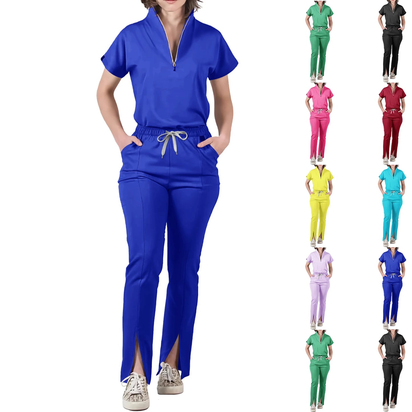 Women's Nurse Scrub Set V-Neck Half Zipper Short Sleeve Multi-Color Split Hem Pants Multi-Pocket Cozy Professional Workwear