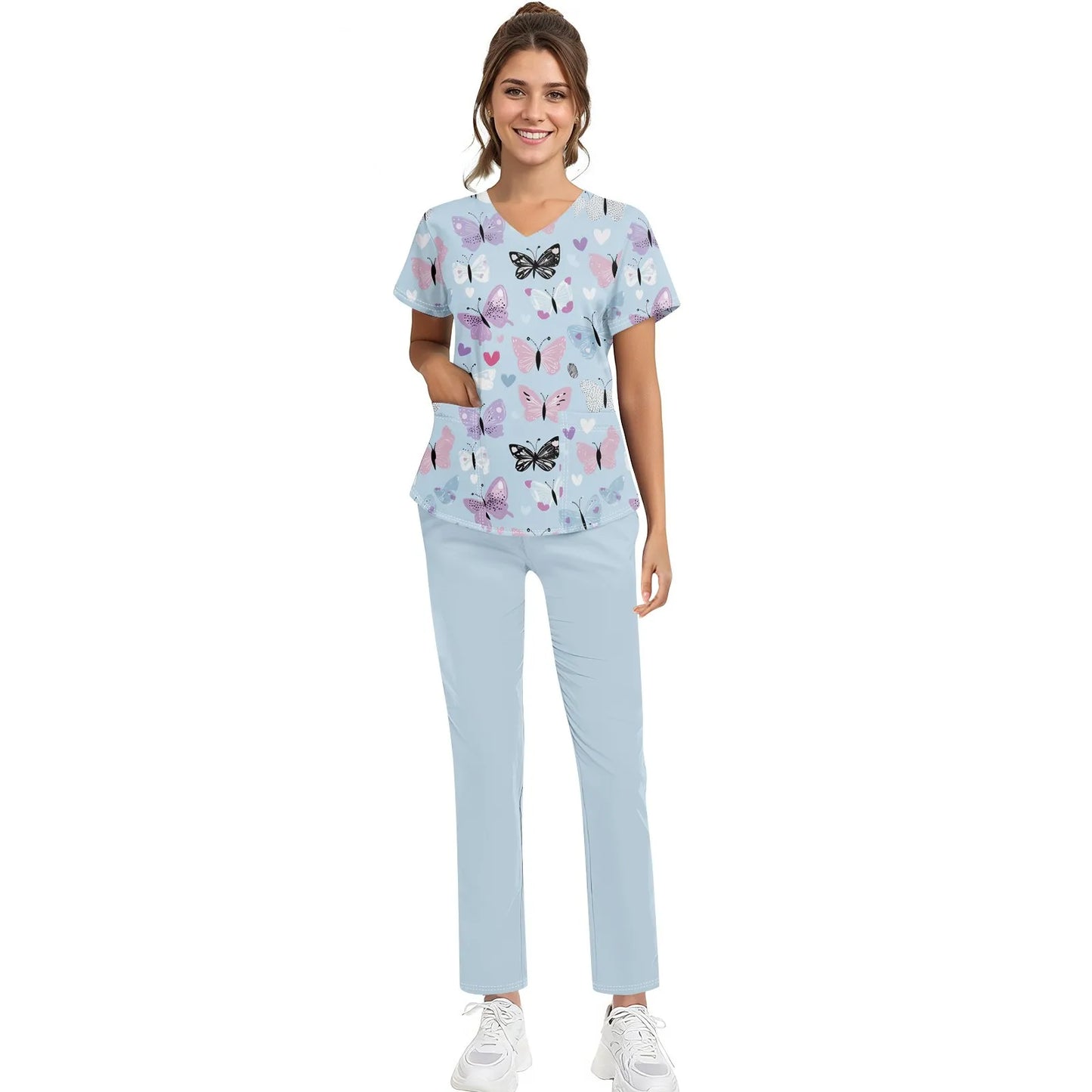 Women'S Nurse Uniform Suit Short-Sleeved Animal Floral Print Pocket Top And Pants Work Clothes Nursing Uniform Two-Piece Suit