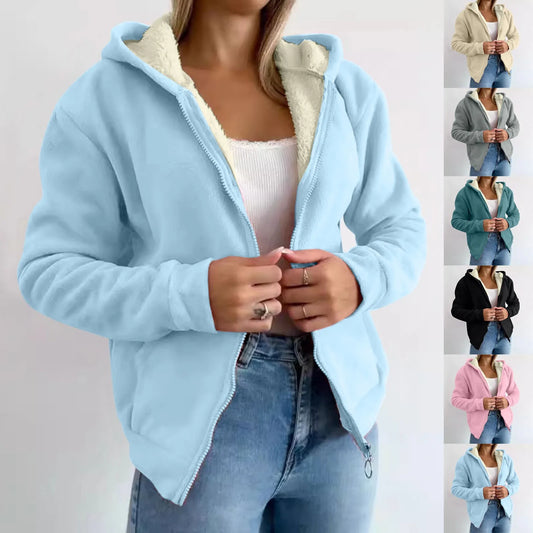 Trendy Sweatshirt Coat Front Pockets Warm Zipper Lamb Wool Jacket  Woman Winter Solid Color Plush Lined Cardigan Hoodie