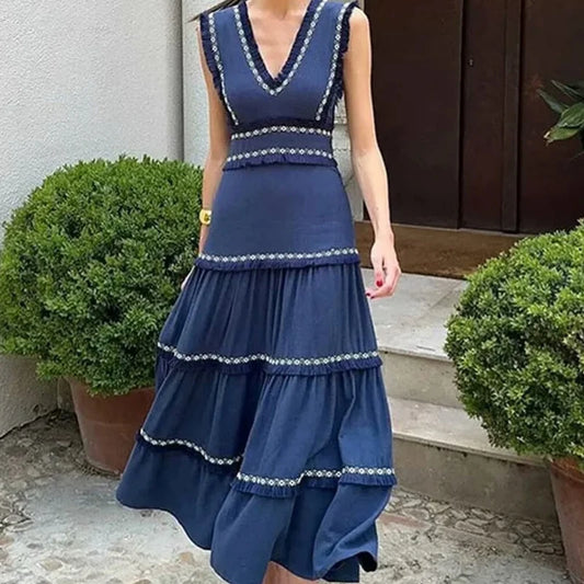 2025 Summer New Product: Casual Women's Fashion V-neck Sleeveless Waist Collection with Tassel Decoration Dress