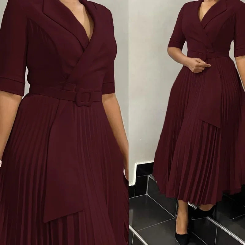 Elegant Office Dresses Pleated for Woman  Half Sleeve Belt Waisted Professional  Business