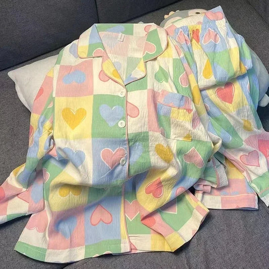 Colourful Love Plaid Print Women's Pajamas  Sweet Cute Sleepwear Women's New Spring Kawaii 2 Piece Pajamas Set