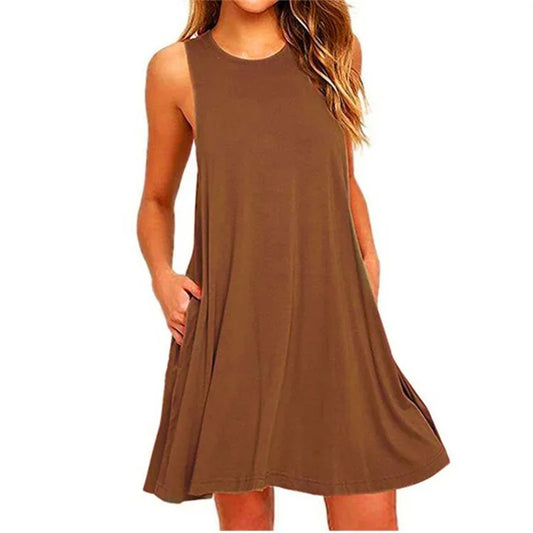 Women's Dress Summer Casual T Shirt Dresses Beach Cover  Pleated Tank Pockets Dress