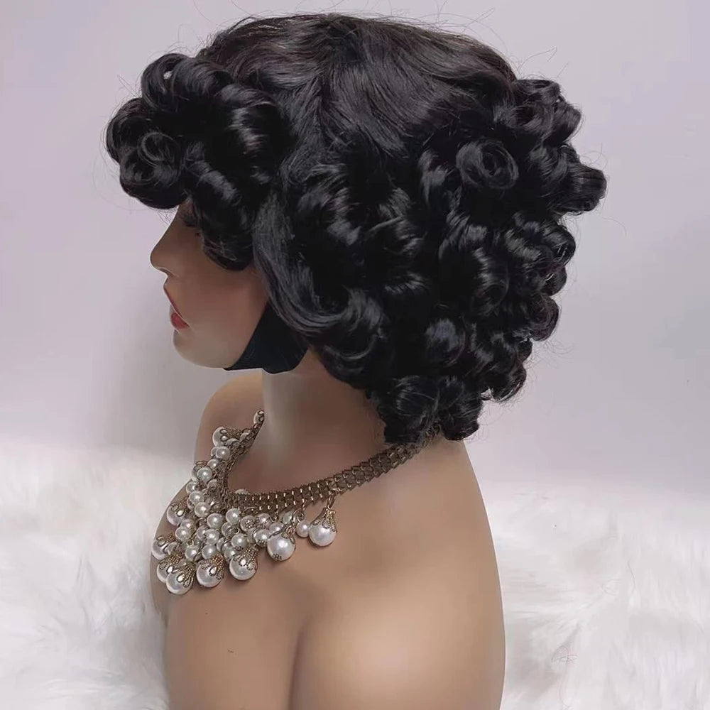Brazilian Egg Curl Pixie Cut Wig Human Hair With Bangs Water Wave Short Bob Wig For Women Preplucked