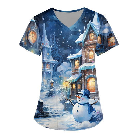 Women Scrub Nurse Uniform Casual Short Sleeve V Neck Christmas Printed Workers T-Shirt Tops Pockets Clinic Pharmacy Workwear