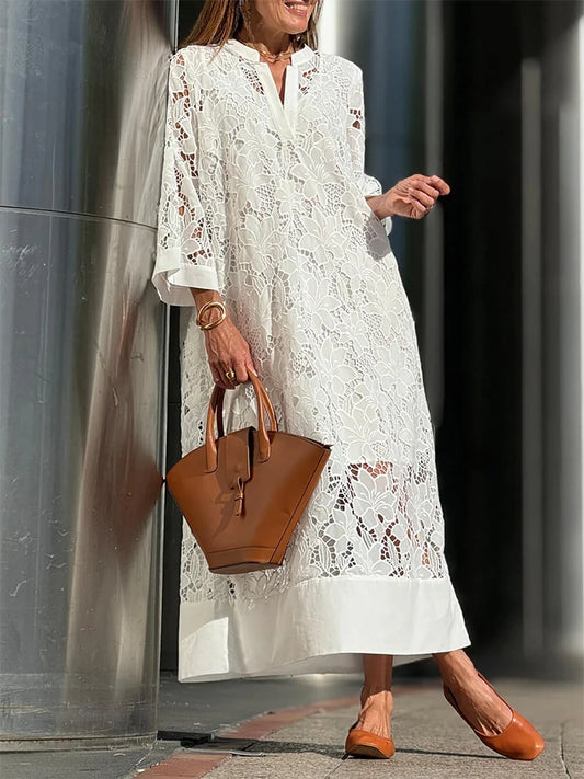 White Embroidery Lace Dress Women Spring Sexy V Neck  Party Dress  Loose Long Dress