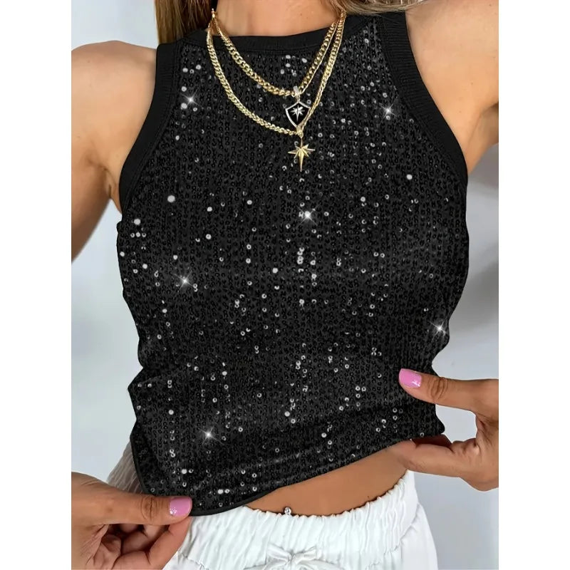 Plus Size 1XL-5XL Women's Fashion  Sequin Sleeveless Tank Top Tanks Ladies Casual Crew Neck