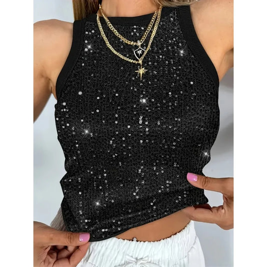 Plus Size 1XL-5XL Women's Fashion  Sequin Sleeveless Tank Top Tanks Ladies Casual Crew Neck